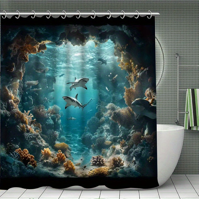 4pcs Shark Ocean Bathroom Set Shower Curtain 71x71 Inch Toilet Lid Cover U-Shape Mat - Underwater Cave Beach Theme Bath Decor for Kids Adults | Nuvia Haven
