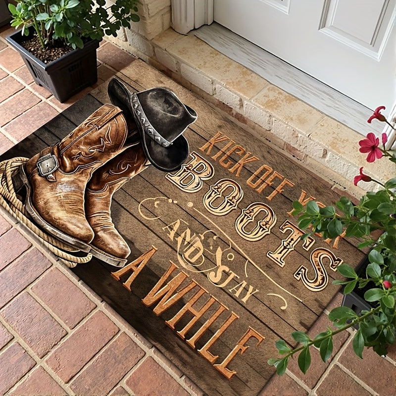 Western Cowboy Boot Doormat Indoor Outdoor Farmhouse Welcome Mat | "Take Off Your Boots" Rustic Ranch Entrance Rug for Front Door Porch Mudroom – Durable Polyester, Easy Clean, 20x30 & 24x36 Inch