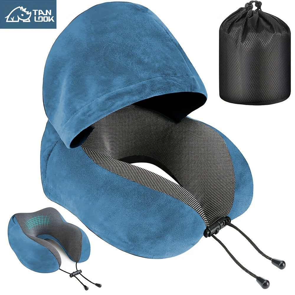 Hooded U-Shaped Travel Neck Pillow with Hood & Light-Blocking Cover – Airplane Nap Pillow for Adults, Home Office Sleep Support, U-Shape Neck Rest