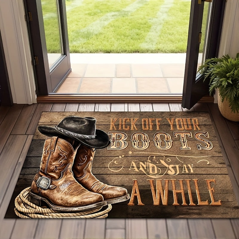 Western Cowboy Boot Doormat Indoor Outdoor Farmhouse Welcome Mat | "Take Off Your Boots" Rustic Ranch Entrance Rug for Front Door Porch Mudroom – Durable Polyester, Easy Clean, 20x30 & 24x36 Inch