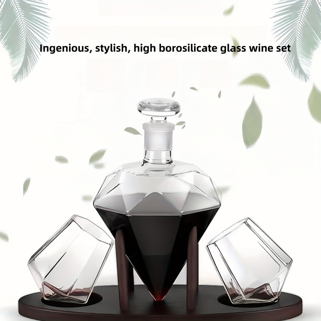 Diamond-Cut Whiskey Decanter Set with 2 Glasses & Wooden Rack – Creative Brick & Stone Pattern Liquor Holder for Bourbon, Scotch, Rum & Vodka | Unique Gift for Men