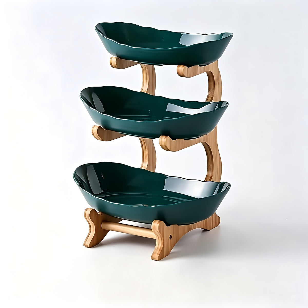 Stackable Tiered Fruit Plate with Wood-Look Design, 2 or 3 Tier Plastic Serving Tray Stand for Snacks, Bread & Fruit, Space-Saving Living Room Kitchen Countertop Organizer, Easy to Assemble
