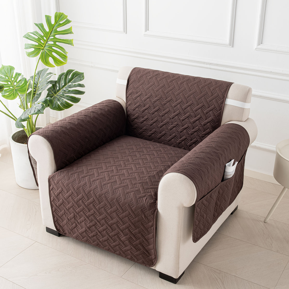 Sofa Cushion Cover with Storage Pocket – Pet-Proof Non-Slip Multi-Function Sofa Protector, All-Season Machine Washable, 1/2/3-Seater, Navy Coffee Off-White Dark Gray