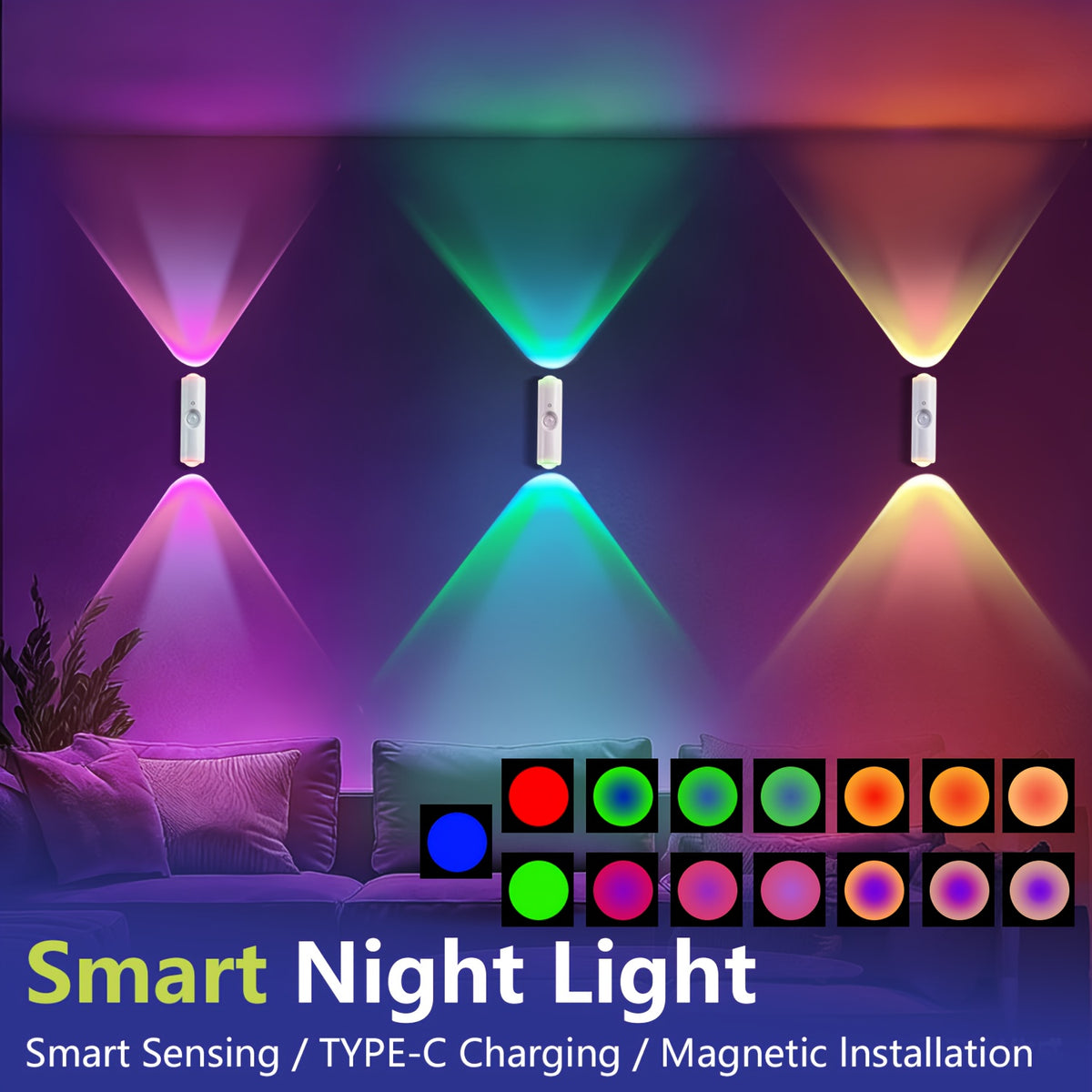 Magnetic Motion Sensor LED Night Lights USB Rechargeable - 9-Color Wall-Mounted Wireless Sconce, 3 Sensing Modes, No Wiring, for Hallway Bedroom Stairs Kitchen | Nuvia Haven