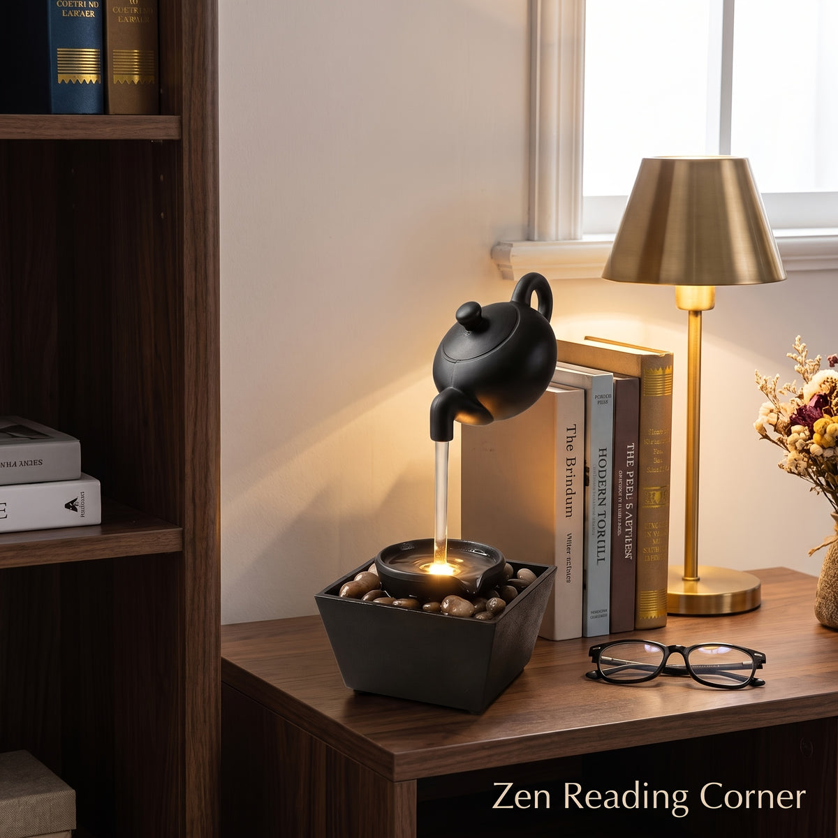 Zen Teapot Water Fountain with LED Warm Light & Flowing Water | Black Resin Tabletop Relaxation Fountain, Pebble Bed, Meditation Decor for Home Office, Stress Relief Gift