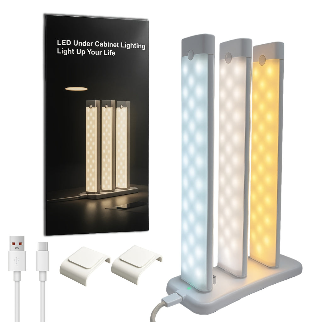 Rechargeable LED Under Cabinet Lights 3-Pack with Charging Station Wireless Motion Sensor Dimmable Night Light for Stairs Hallway Bookshelf