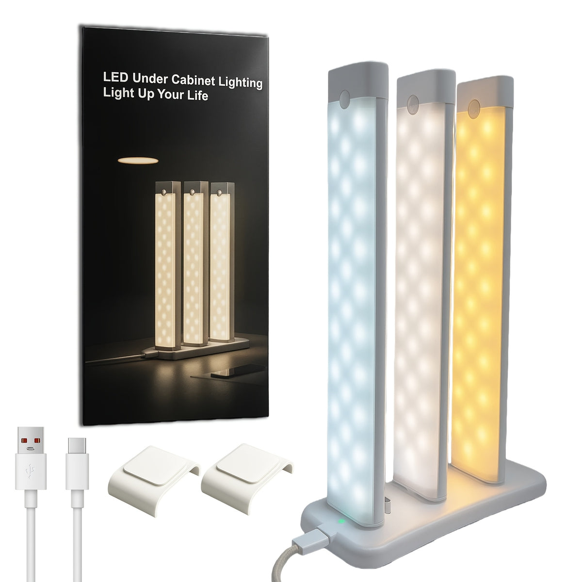 Rechargeable LED Under Cabinet Lights 3-Pack with Charging Station Wireless Motion Sensor Dimmable Night Light for Stairs Hallway Bookshelf