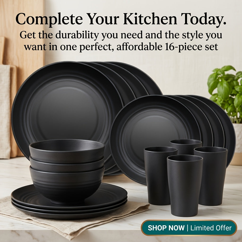 16/32-Piece Wheat Straw Dinnerware Set – Microwave & Dishwasher Safe Plates, Bowls & Cups – Lightweight Unbreakable Tableware for Family Gatherings, Birthday Parties & Camping