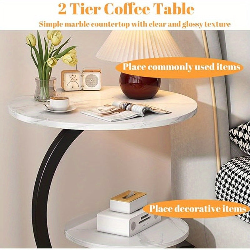 Marble Pattern Wrought Iron Side Table Modern Minimalist Sofa End Table for Living Room Bedroom Small Space