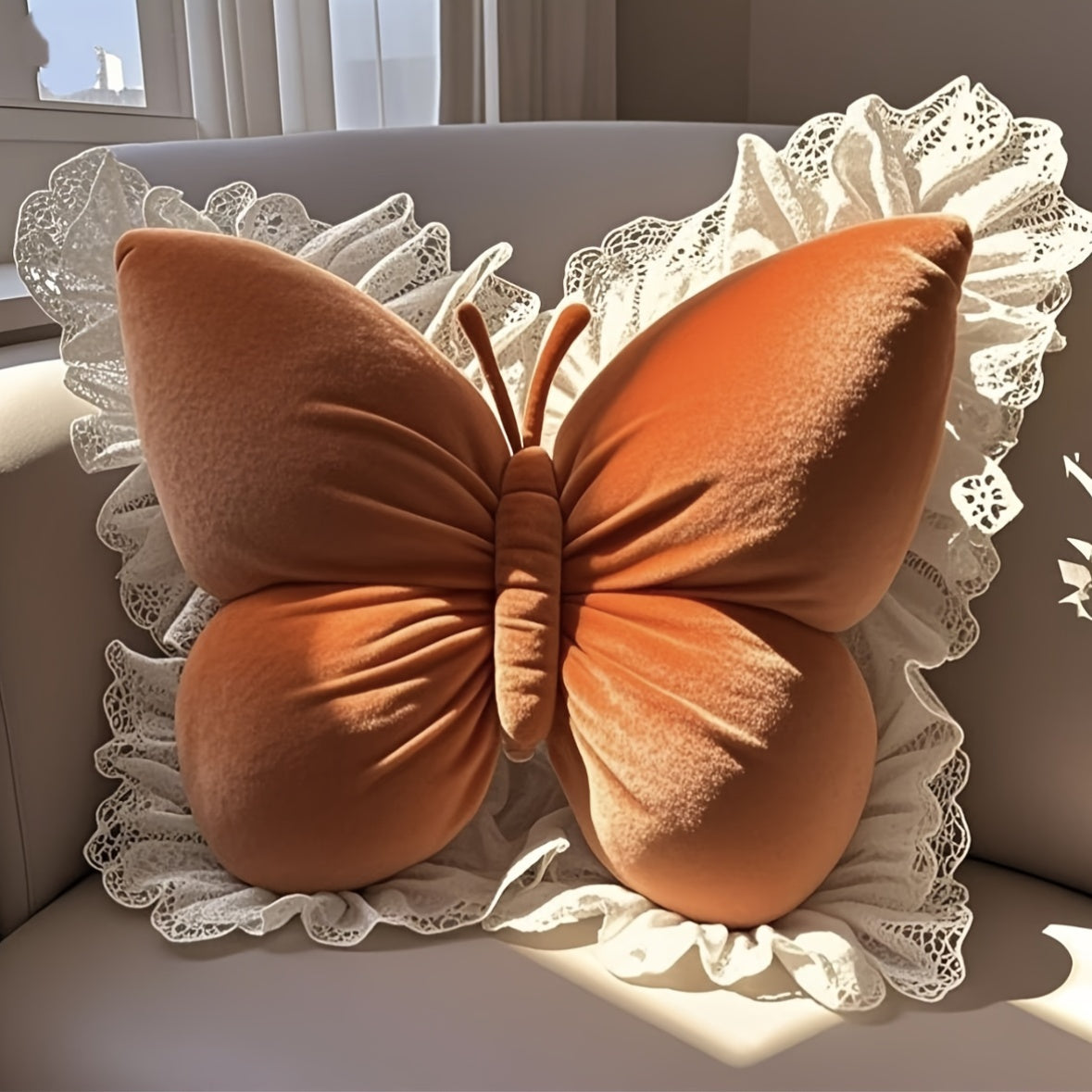 Butterfly Shape Sherpa Decorative Throw Pillow with Lace Embellishment, Soft Plush Cushion for Bedroom Sofa Couch Car Outdoor, All-Season Glam Style Gift for Women