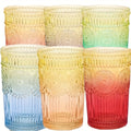 Retro Colored Whiskey Glasses Set of 6 – 14oz Embossed Colorful Tumblers for Whiskey, Cocktails, Juice, Water & Beer – Vintage Muted Glass Drinkware