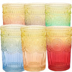 Retro Colored Whiskey Glasses Set of 6 – 14oz Embossed Colorful Tumblers for Whiskey, Cocktails, Juice, Water & Beer – Vintage Muted Glass Drinkware