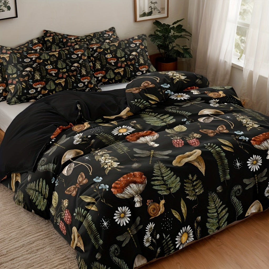 Mushroom Forest Print Duvet Cover Set 3 Piece Soft Polyester Quilt Cover with 2 Pillowcases Cottagecore Bedding Twin Full Queen King