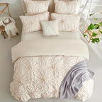 Boho Duvet Cover Set Queen King Twin Full - 3D Stereoscopic Floral Rhomboid Plaid Texture, Soft Breathable 3-Piece Bedding with Pillowcases, All-Season Bedroom Decor, White Camel Milk Coffee