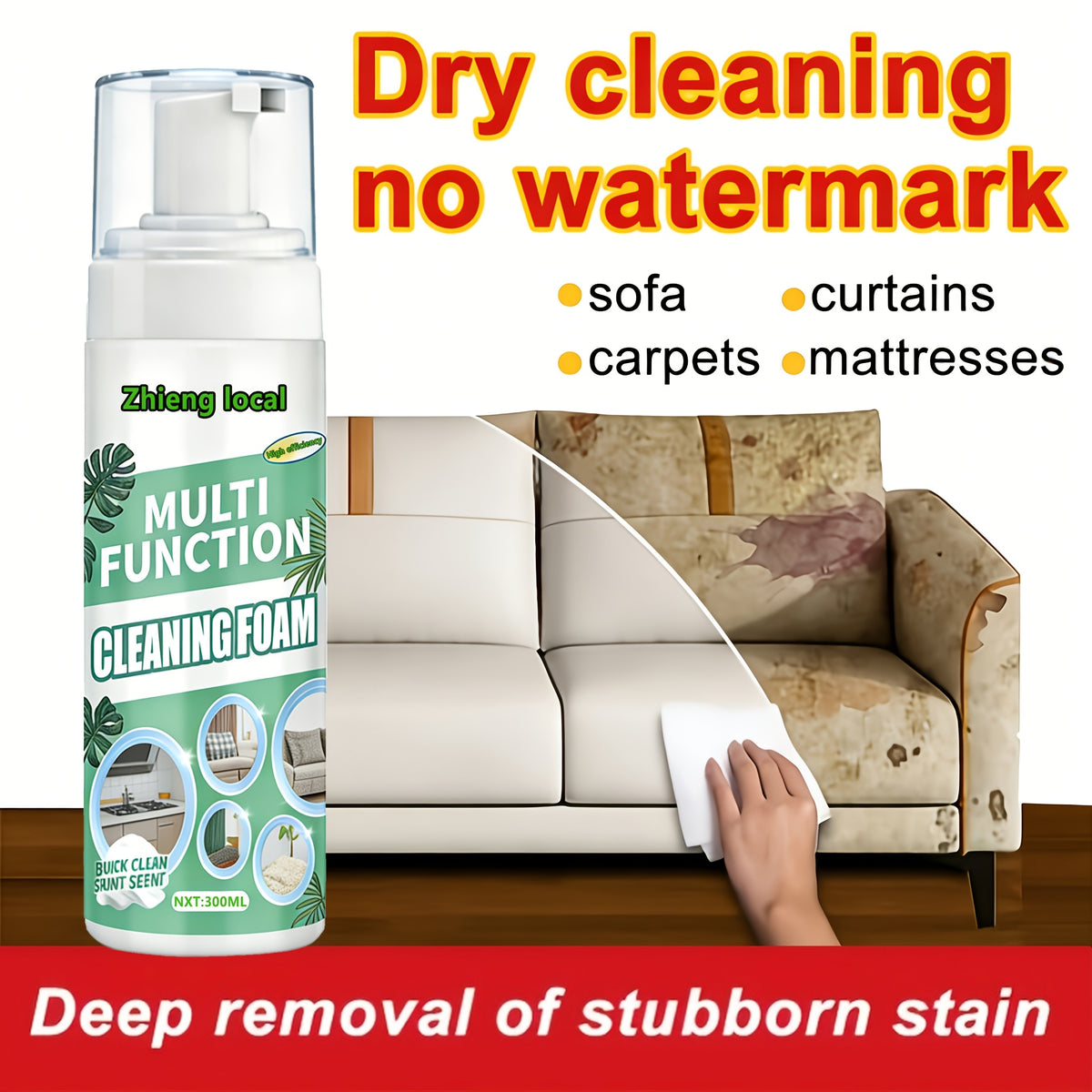 Dry Cleaning Stain Remover Spray 10oz, No Water Needed Waterless Cleaner for Sofa Mattress Carpet Clothes Curtains, Multi-Surface Fabric Stain Remover Safe Formula