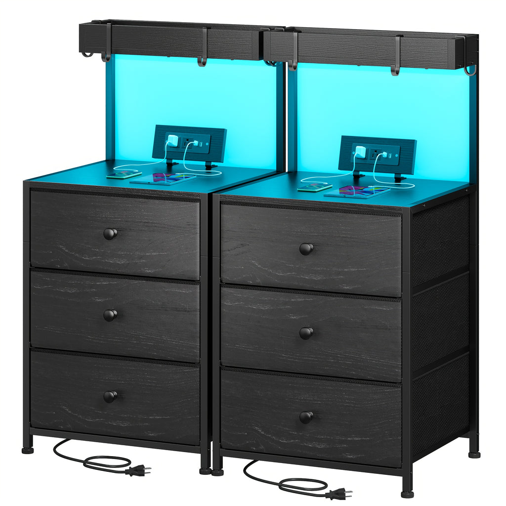 Tall Nightstand with Charging Station & LED Lights – 3 Drawers, Shelves, USB Ports, Outlets & 4 Hooks | Bedside Table for Bedroom
