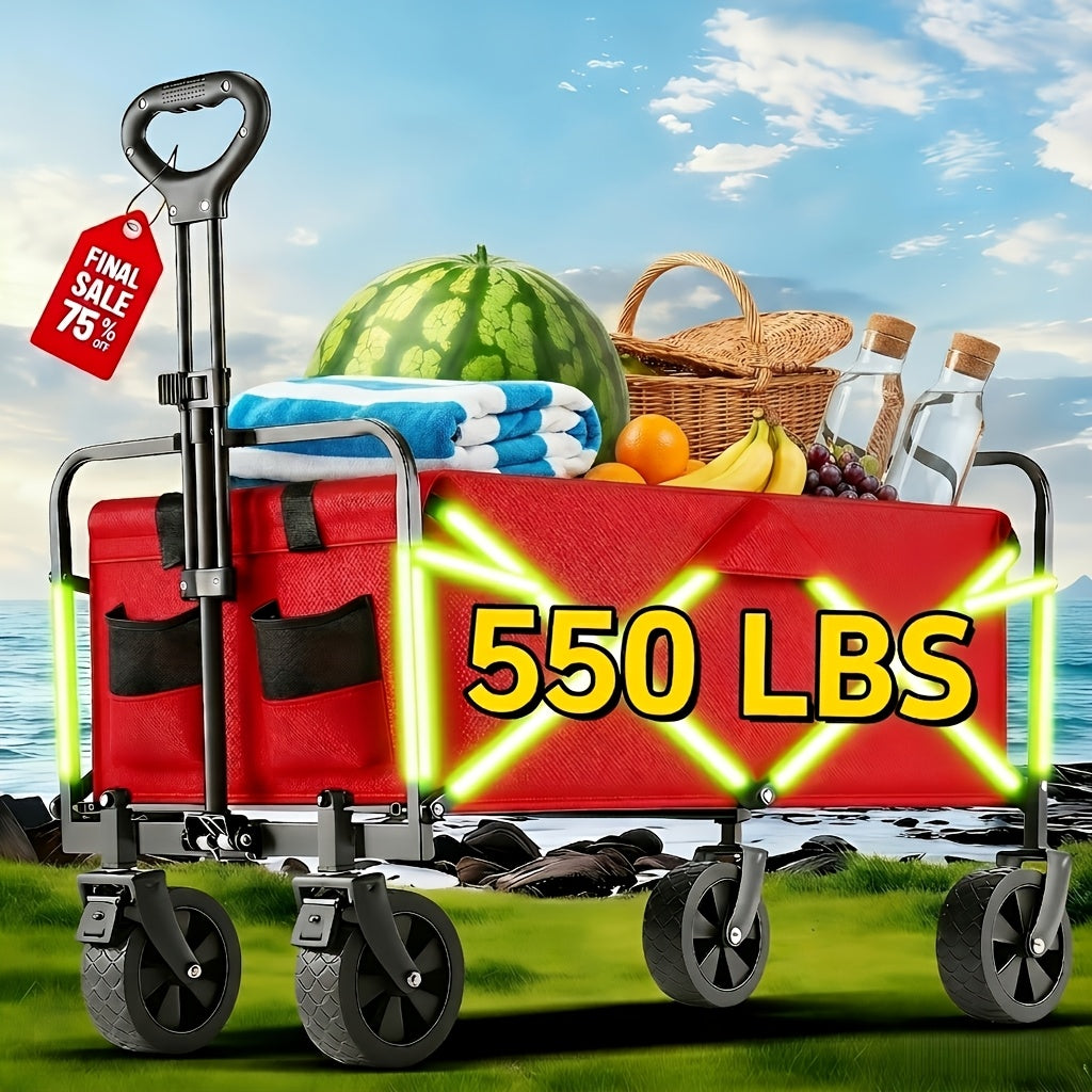 Heavy Duty Folding Utility Cart Wagon with All-Terrain Wheels, 680LBS Capacity Outdoor Camping Garden Shopping Yard Beach Sports Equipment Collapsible Wagon