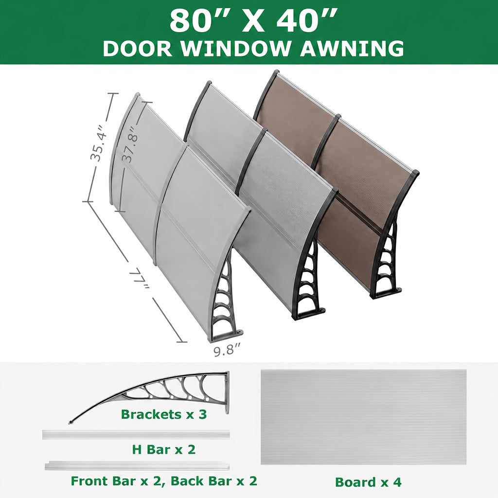 Polycarbonate Door Window Awning Canopy UPF50+ UV Rain Snow Protection Outdoor Entry Overhang 80x40 120x40 Hollow Sheet Clear Brown