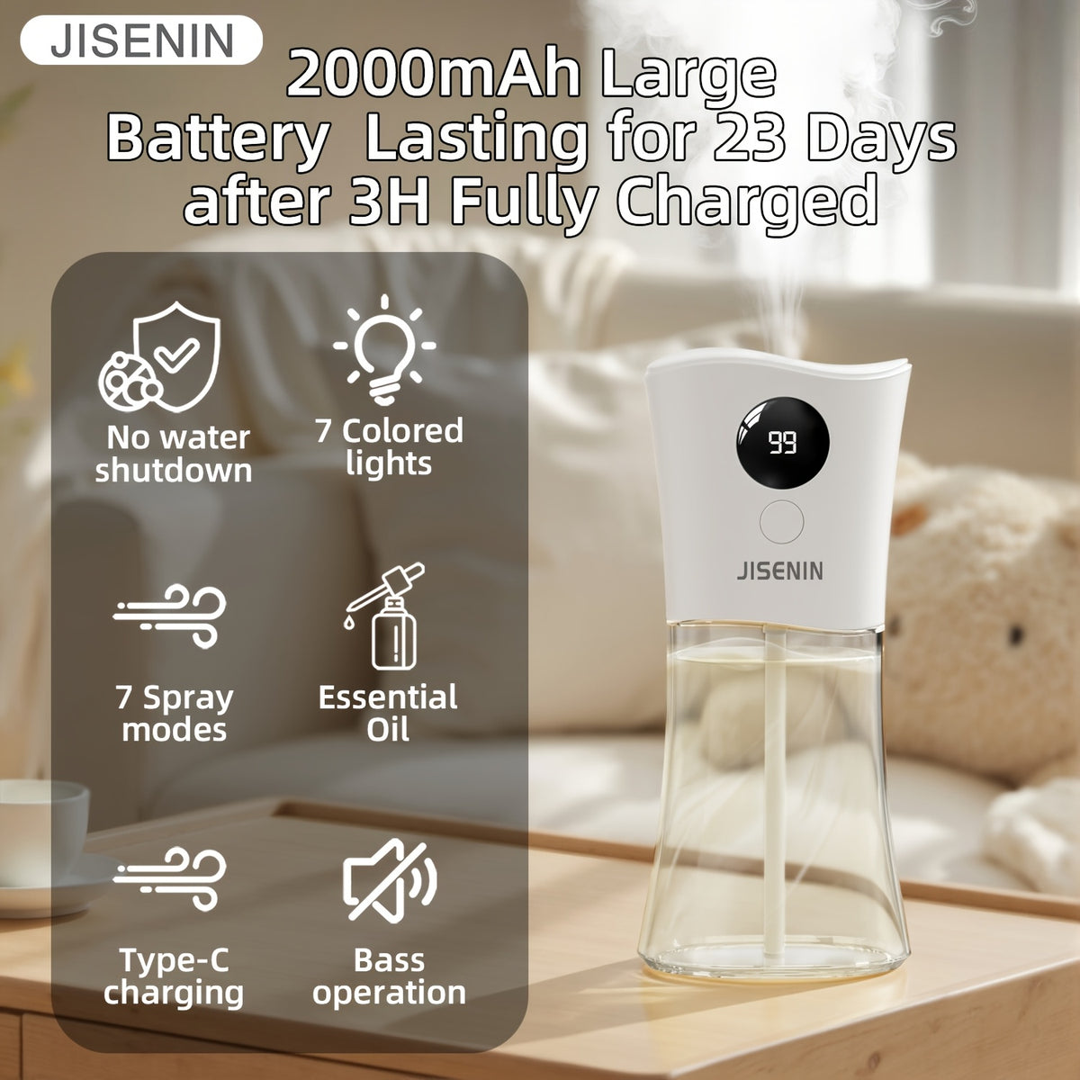 Aromatherapy Essential Oil Diffuser Humidifier 2000mAh Rechargeable Battery 6 Mist Settings 7 Color LED Waterless Auto-Off Bedroom Large Room Home Fragrance