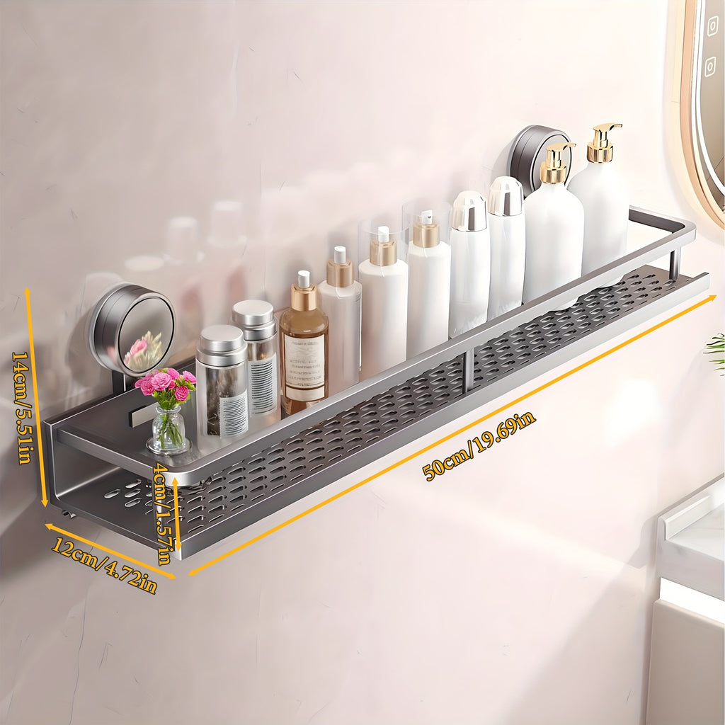 Suction Cup Shower Caddy Space Aluminum – Wall-Mounted Bathroom Shelf Organizer with Towel Holder, Rustproof Floating Shelf for Shampoo & Soap
