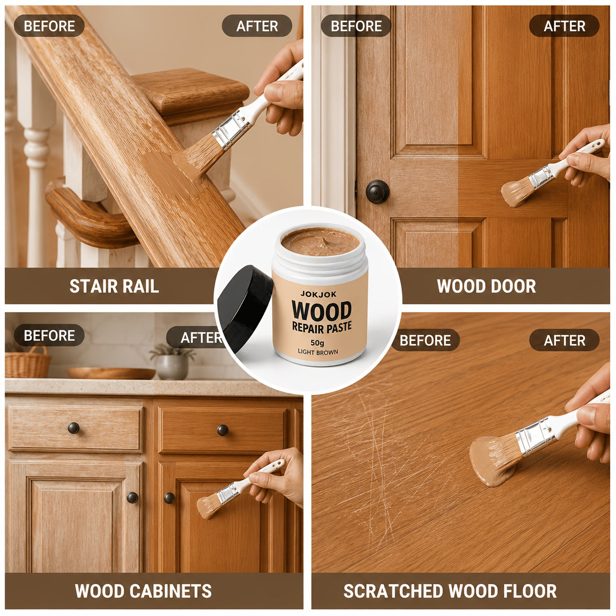 Wood Touch-Up Repair Paste with Brush – 4 Colors White, Light, Medium & Dark Brown for Scratches, Chips, Dents & Faded Wood on Floors, Cabinets, Doors, Tables & Chairs