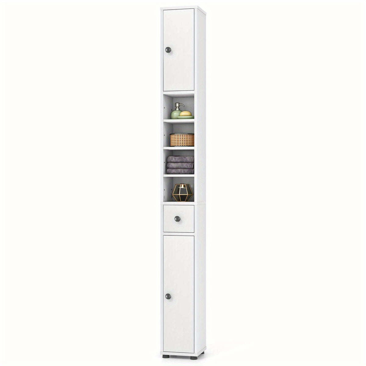Tall Narrow Storage Cabinet with Doors Drawer & Adjustable Shelves – Freestanding Linen Tower for Bathroom Hallway Entryway Small Spaces