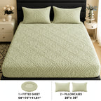 Embossed Fitted Sheet Set Super Soft Deep Pocket - European Texture Bed Sheets All Season, Machine Washable, Optional Pillowcases, Twin Full Queen King Sizes, 5 Colors Bedroom Bedding