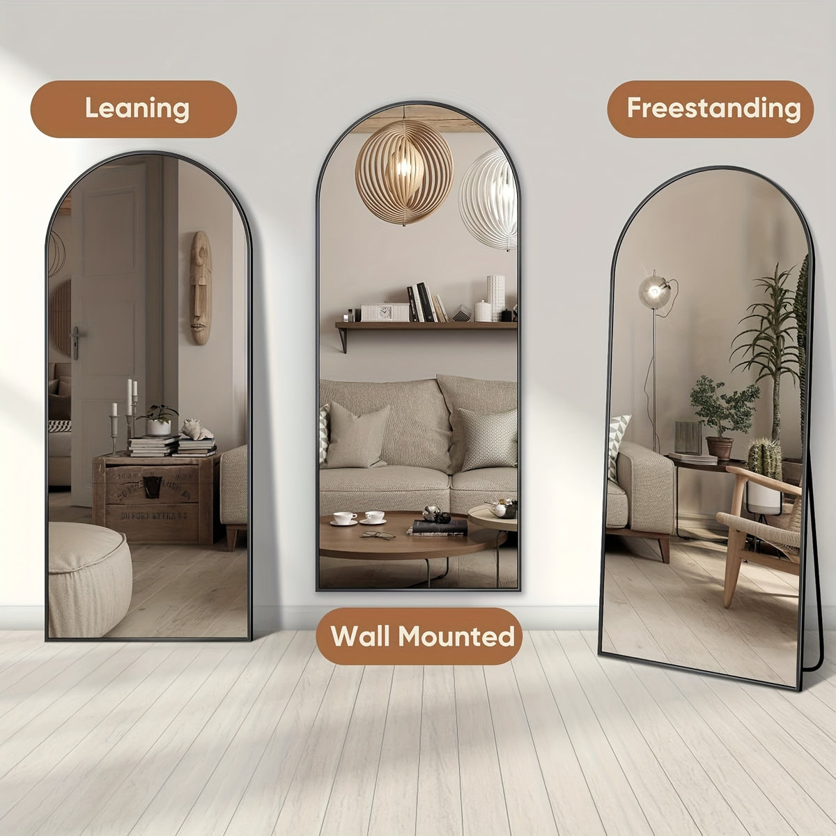Full Length Floor Mirror Arched Freestanding Large Full Body Standing Mirror with Sturdy Base Polished Surface for Bedroom Living Room Bathroom Space Enhancing Home Decor