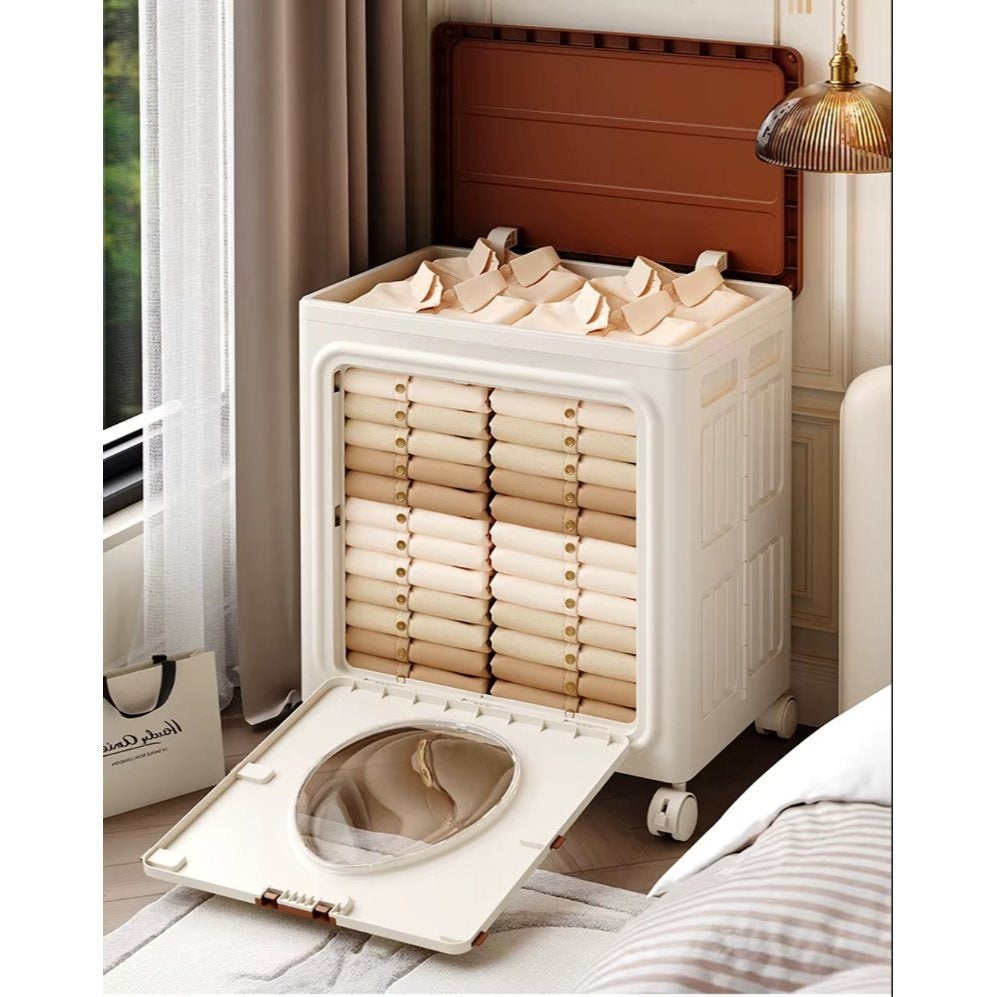 Large Storage Box with Wheels 37 Gallon Flip-Top Lid Foldable Closet Organizer for Clothes Quilts Blankets Bedroom Living Room White Red