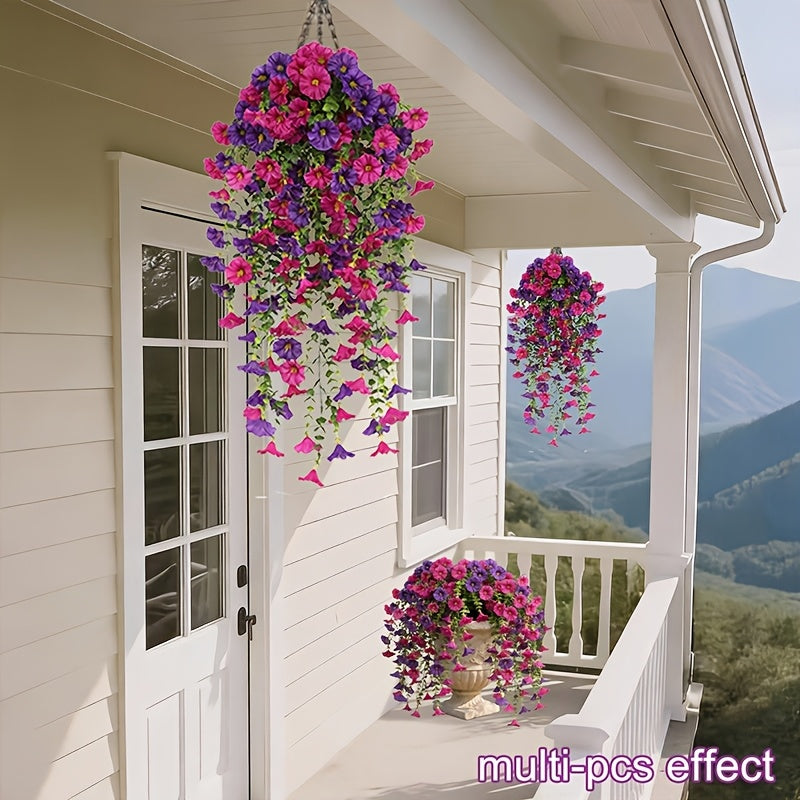 Morning Glory Artificial Hanging Flowers 3pcs with Persian Grass & Eucalyptus – UV-Resistant Faux Floral Bundle in Mix & Fuchsia, Outdoor Home Office Garden Decor, Mother’s Day & Thanksgiving Gift