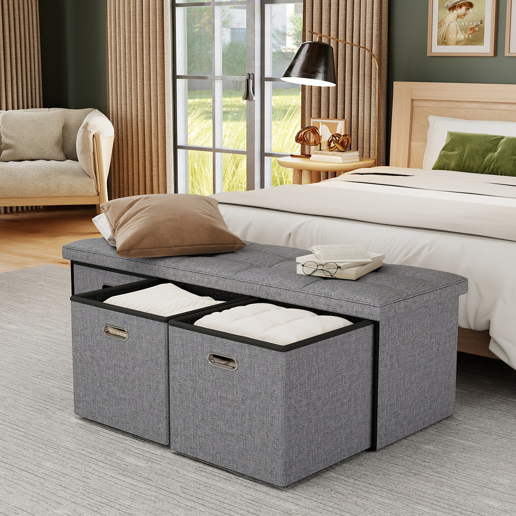 Storage Ottoman Bench with Pull-Out Drawer – 880 lbs Capacity Folding Footrest, Synthetic Leather, 30 & 43 Inch, for Living Room Bedroom Office, Grey & Brown