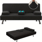 Sofa Cover 4-Piece Stretch Futon Slipcover Set with Removable Armrest & Cupholder Covers – Spandex Jacquard Furniture Protector, Black & Navy