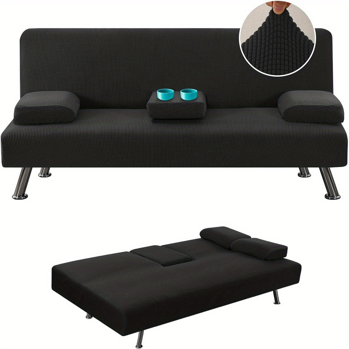 Sofa Cover 4-Piece Stretch Futon Slipcover Set with Removable Armrest & Cupholder Covers – Spandex Jacquard Furniture Protector, Black & Navy