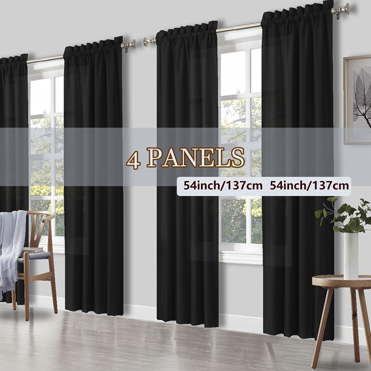 Solid Color Rod Pocket Light Filtering Curtains – 4 Panels Set for Living Room, Bedroom & Office | Multiple Sizes & 10 Colors | Simple Modern Window Panels