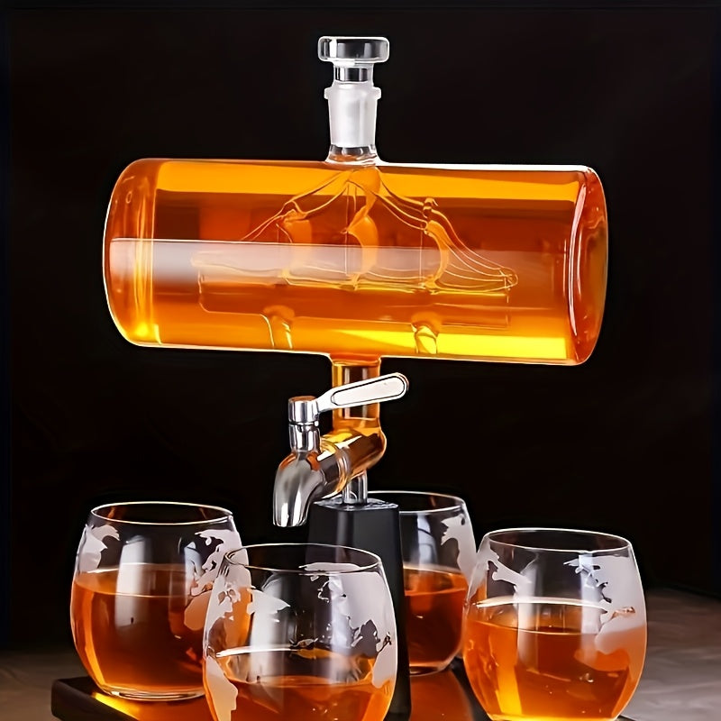 Glass Liquor Decanter Set with 4 Spherical Cups 1000ml Bar Whiskey Wine Pourer Dispenser Gift for Men