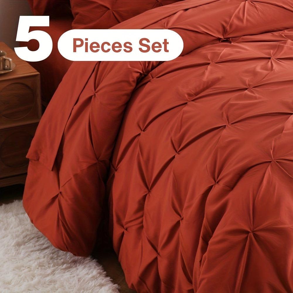5/7pcs Pintuck Bed In A Bag Comforter Sets, Pinch Pleat Complete Bedding Sets with Comforter, Sheets & Pillowcases, Queen/King Size, All Season