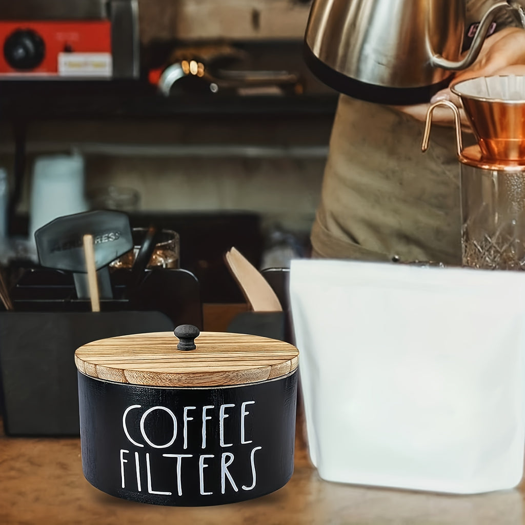 Rustic Wooden Coffee Filter Holder with Lid – Countertop Storage Container for Coffee Filters & Accessories, Kitchen Decor Organizer
