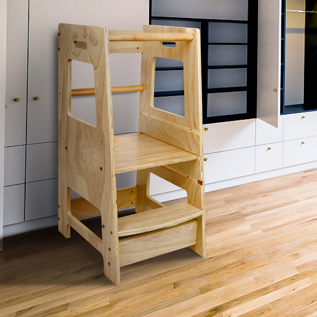 Toddler Learning Tower Kitchen Helper Stool – Safe Standing Step Stool for Kids at Kitchen Counter, Adjustable Height Toddler Tower for Cooking & Learning, Available in Random & Wood Color