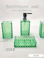 Bathroom 4-Piece Plastic Accessory Set – Transparent Diamond Grid Pattern | Soap Dispenser, Toothbrush Holder & More | Grey, Blue, Green