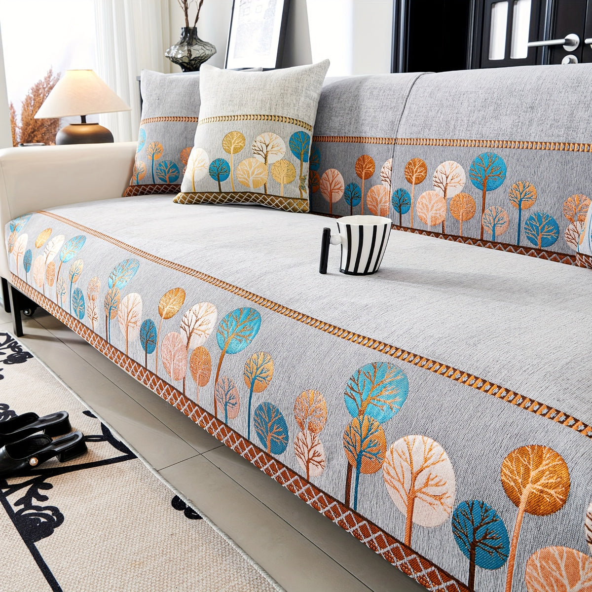 Bohemian Chenille Sofa Cover Tree Embroidery Print Thick Non-Slip Pet Friendly One-Piece Couch Protector Armchair Loveseat 3 4 Seater