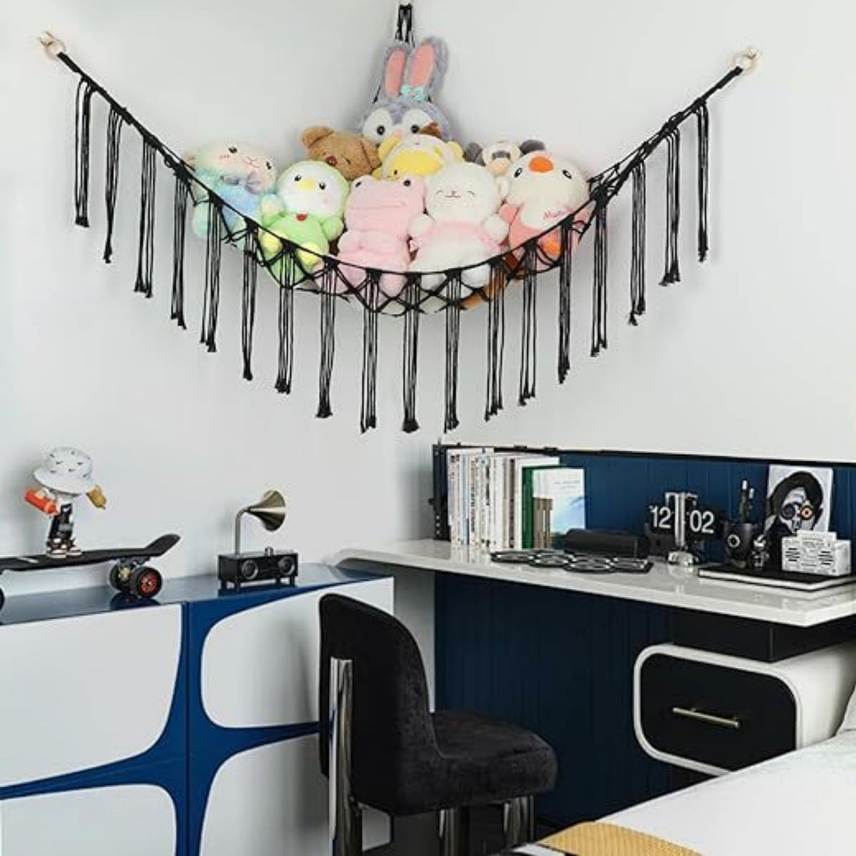 Stuffed Animal Storage Hammock with Star Lights – Corner Mesh Toy Organizer with Hooks for Kids Room, Bedroom & Nursery | White, Black & Pink