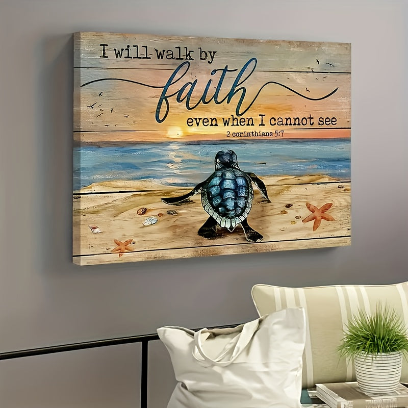 Sea Turtle Canvas Wall Art with Wood Frame – 11.8x15.7 Modern Ocean Beach Painting for Bathroom, Bedroom & Office, Minimalist Coastal Wall Decor Framed Picture