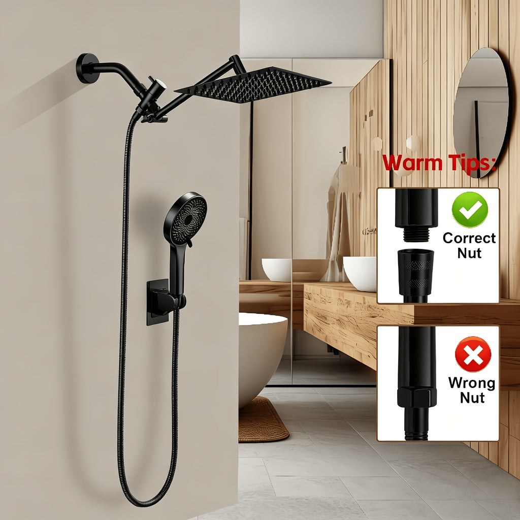 Rain Shower System with Handheld Showerhead 8/10/12 Inch Rainfall Head, All-Metal T-Splitter, 13-Inch Arm, 78-Inch Hose, 6-Function Spray Settings & Anti-Clogging Nozzle – Chrome & Black