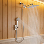 High Pressure Rainfall Shower Head & Handheld Combo 10/12 Inch Round or Square, 4-Spray Settings, 13-Inch Adjustable Arm, 78-Inch Hose & No-Drill Adhesive Holder – Chrome & Black