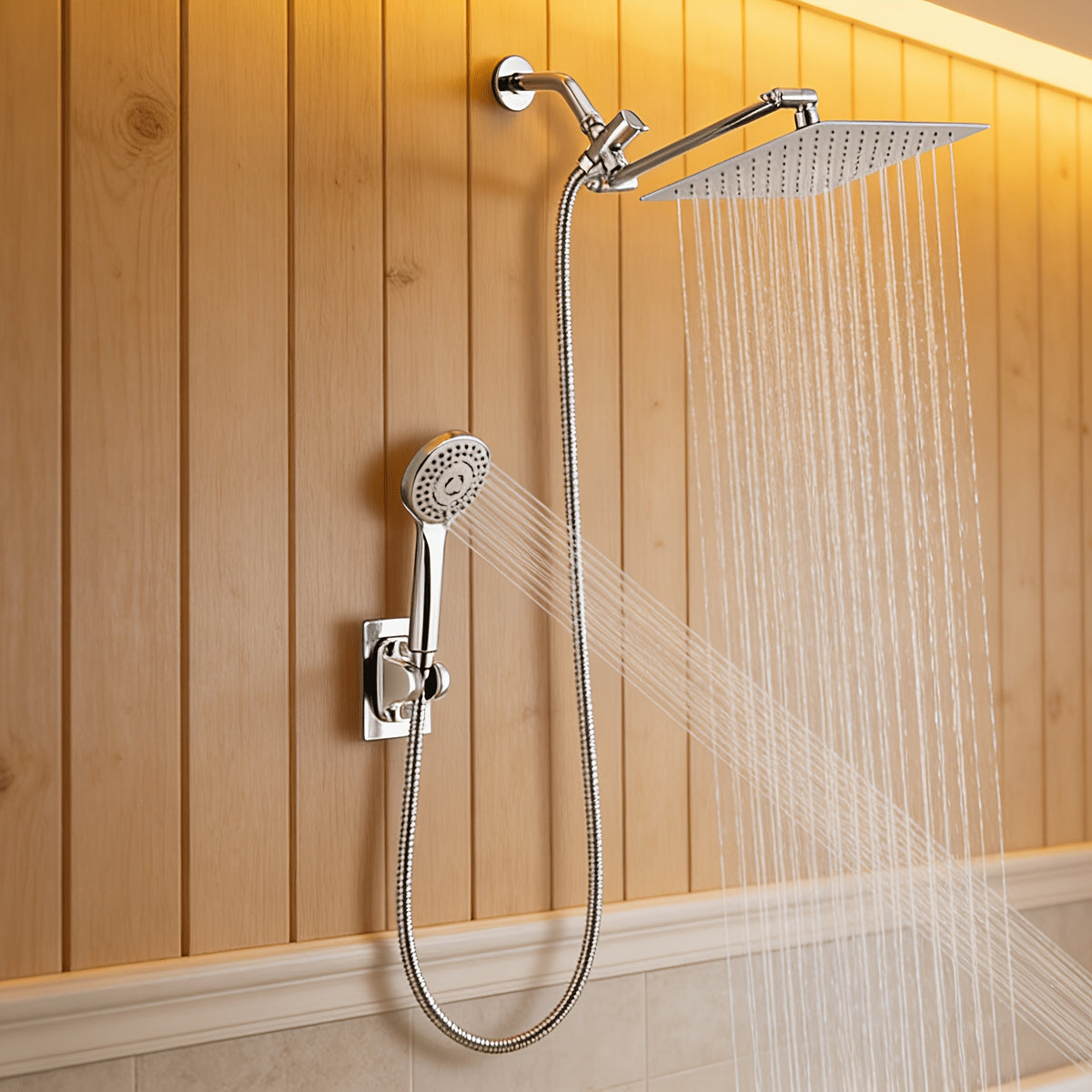 High Pressure Rainfall Shower Head & Handheld Combo 10/12 Inch Round or Square, 4-Spray Settings, 13-Inch Adjustable Arm, 78-Inch Hose & No-Drill Adhesive Holder – Chrome & Black