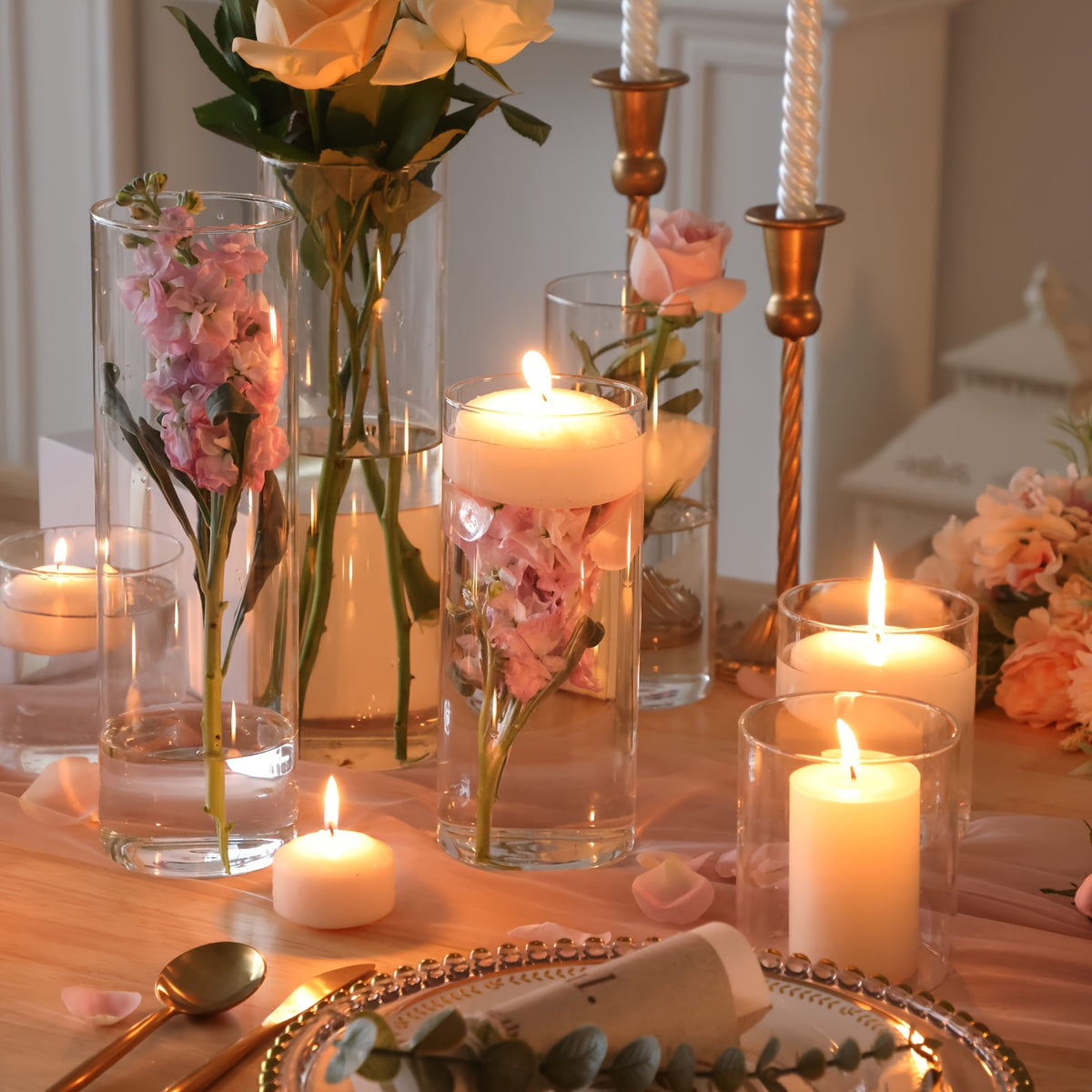 TOMNK Bulk Clear Cylinder Glass Vases 12/20/24pcs in 4-5 Sizes – Tall Boho Flower Vase Set for Wedding Centerpieces, Rustic Home Decor, Formal Dinners, Parties & Hurricane Floating Candle Holders