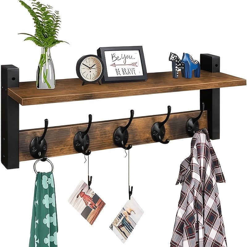 Wall Mounted Coat Rack with Shelf & Hooks – Heavy Duty Industrial Metal Entryway Organizer, Rustproof Multi-Hook Storage for Hallway Mudroom Porch, No Assembly