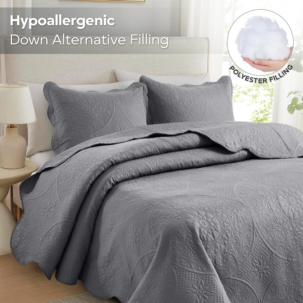 Luxury Quilted Bedspread Set 3 Piece Floral Coverlet with Pillow Shams Breathable Lightweight All Season - Twin Queen King California King 16 Colors