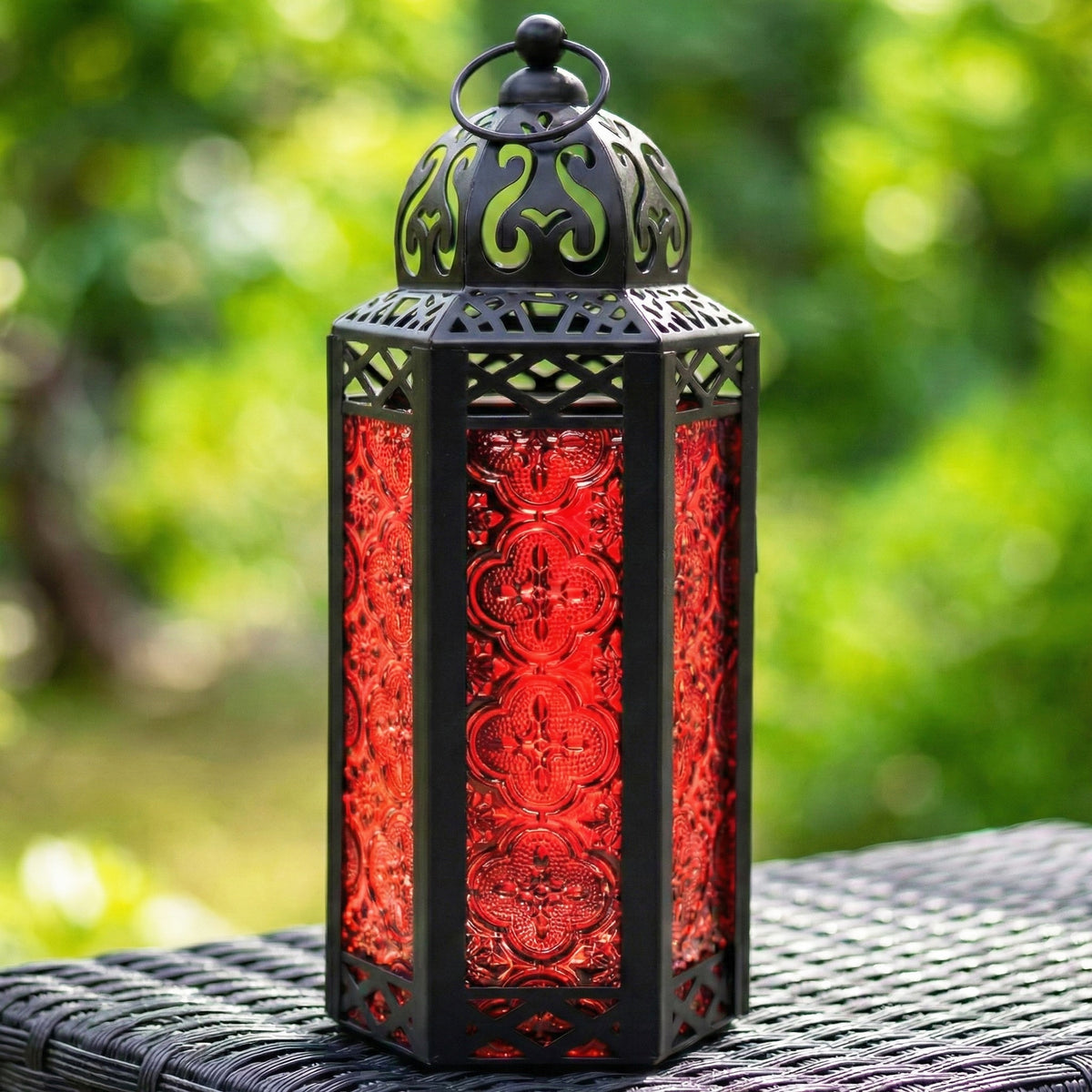 Moroccan Candle Lantern Holder Medium 10.5 Inch – Handcrafted Glass Iron Metal Lantern with Embossed Floral Panels, 17 Colors, Indoor Outdoor Use for Ramadan, Wedding, Patio, Diwali & Home Decor