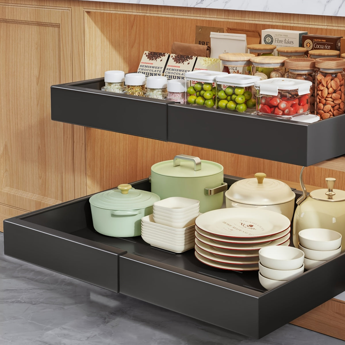 Sliding Cabinet Organizer Set of 4 – Carbon Steel Pull-Out Drawer Baskets with Expandable No-Drill Rolling Shelves for Kitchen Cabinet, Under-Sink Storage, Pantry & Refrigerator Shelf Organizer